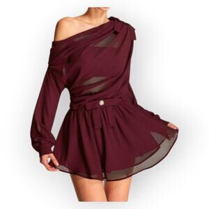 Commense Burgundy Chiffon One Shoulder Top & Skirt Set – Romantic Parisian Bow